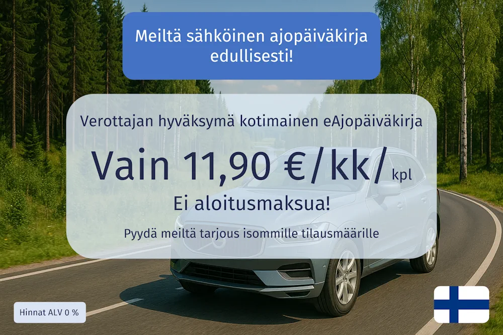 Electronic driving logbook 3 Meiltä sähköinen ajopäiväkirja edullisesti!Verottajan hyväksymä kotimainen ajopäiväkirja.